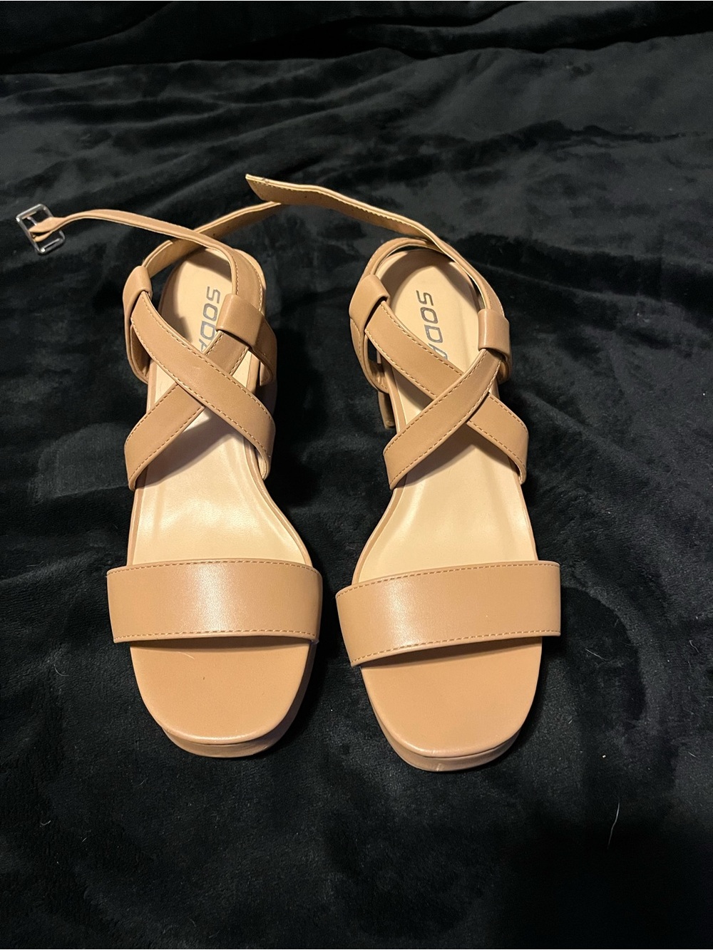 Soda Tan Crisscross Ankle Strap Block Heel Sandals